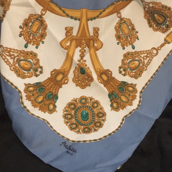 Patricia Paris large square scarf made in Italy 100% polyester. Blue white tan - Picture 3 of 5